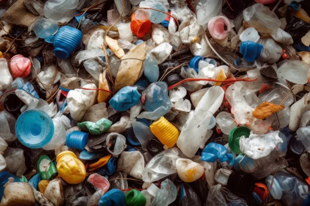 Pile of mixed plastic waste awaiting recycling